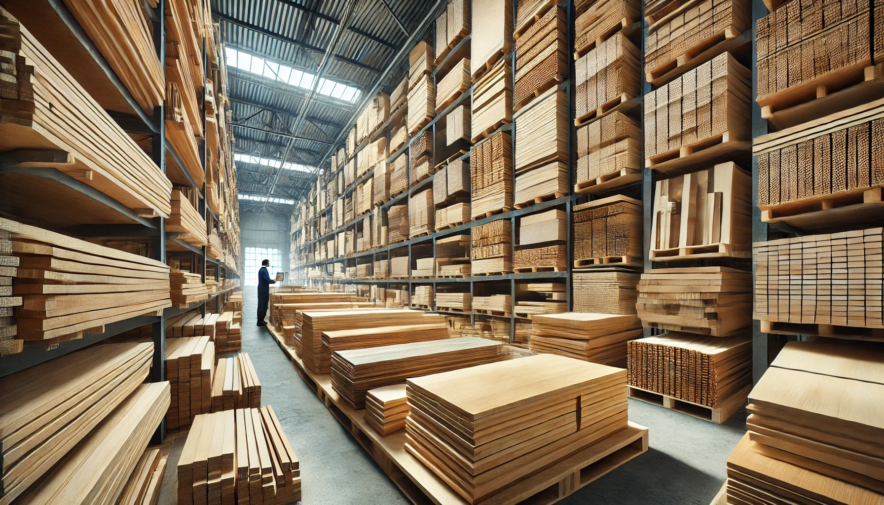 DALL·E 2024-10-28 16.27.11 - A realistic photo of a high-quality warehouse with a diverse selection of wooden boards. The boards vary in sizes, thicknesses, and wood types, i