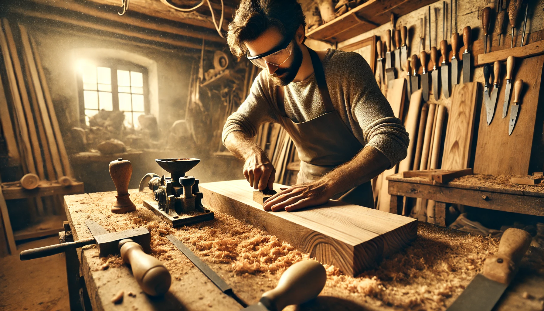 DALL·E 2024-10-28 16.39.29 - A realistic photo of a different craftsman actively working on wood processing in a workshop. The craftsman is using tools to sand, shape, or cut